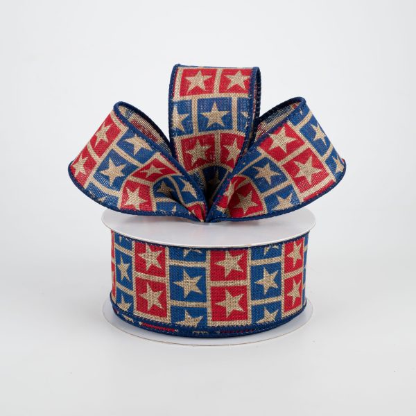 1.5  Star Squares Ribbon: Red, Blue, Dark Natural (10 Yards) Online