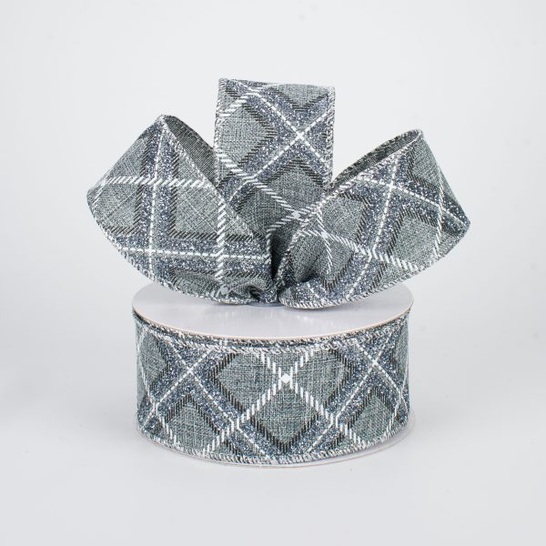 1.5  Glitter Printed Plaid Ribbon: Silver & White (10 Yards) on Sale