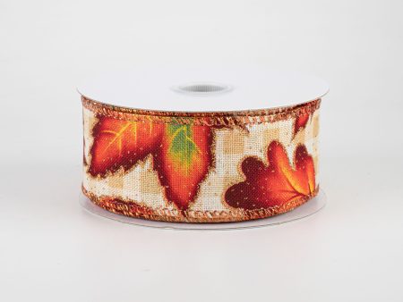 1.5  Fall Leaves On Check Ribbon: Natural & Cream (10 Yards) Online