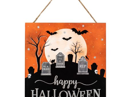 10  Square Wooden Sign: Happy Halloween Graveyard For Discount