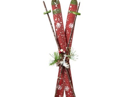 10  Wooden Skis and Poles Ornament: Antique Red on Sale