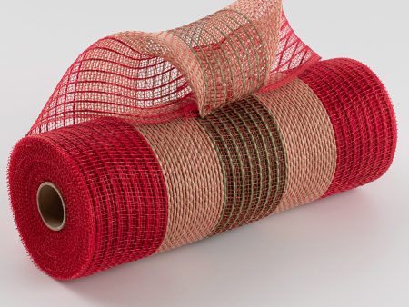 10  Poly Jute Deco Mesh: Red, Moss, Natural Wide Stripe on Sale