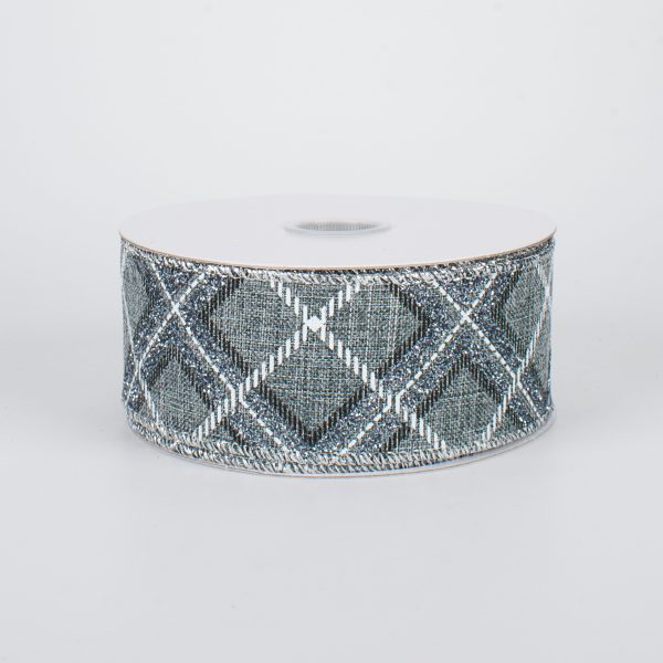 1.5  Glitter Printed Plaid Ribbon: Silver & White (10 Yards) on Sale