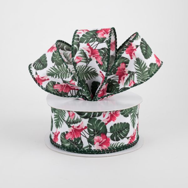 1.5  Hibiscus Monstera Leaves Ribbon: White & Pink (10 Yards) Online Sale