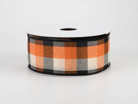 1.5  Woven Square Plaid Ribbon: Ivory, Orange, Black (10 Yards) For Cheap