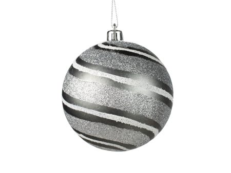 100MM Diagonal Glitter Stripe Ball Ornament: Pewter, Silver, White Supply