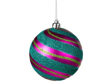 100MM Diagonal Glitter Stripe Ball Ornament: Fuchsia, Turquoise, Lime Hot on Sale