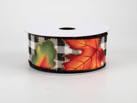 1.5  Fall Leaves On Check Ribbon: Black & Cream (10 Yards) Online Hot Sale