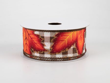 1.5  Fall Leaves On Check Ribbon: Brown & Cream (10 Yards) Online