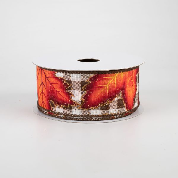 1.5  Fall Leaves On Check Ribbon: Brown & Cream (10 Yards) Online