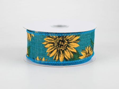 1.5  Linen Sunflower Ribbon: Teal (10 Yards) For Discount