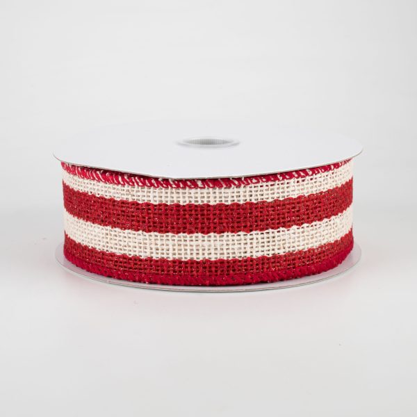 1.5  Ivory Striped Burlap Ribbon: Red (10 Yards) on Sale