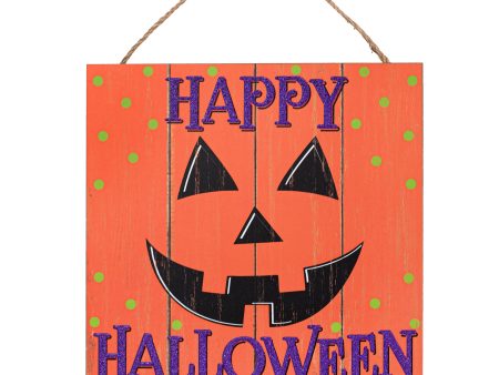 10  Square Wooden Sign: Happy Halloween Jack-O-Lantern Online Sale