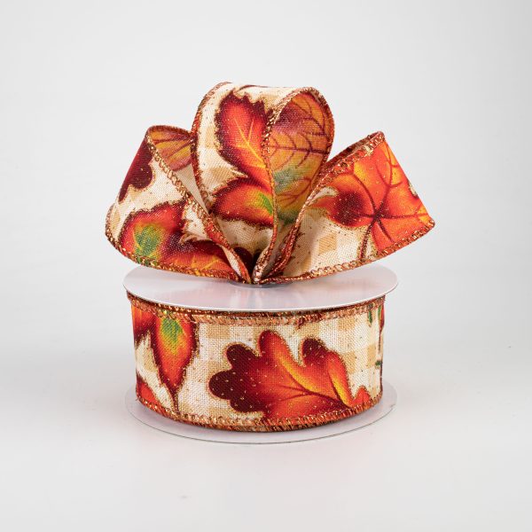 1.5  Fall Leaves On Check Ribbon: Natural & Cream (10 Yards) Online