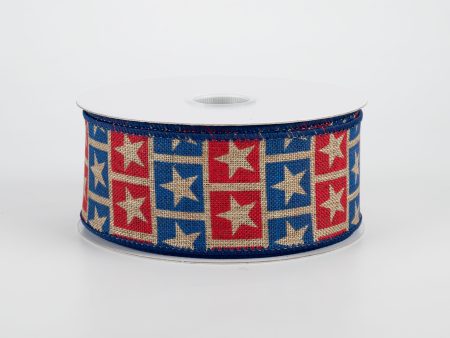 1.5  Star Squares Ribbon: Red, Blue, Dark Natural (10 Yards) Online