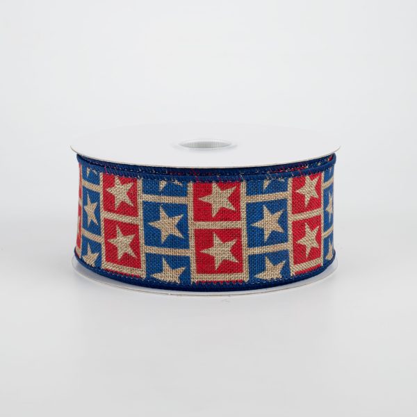 1.5  Star Squares Ribbon: Red, Blue, Dark Natural (10 Yards) Online