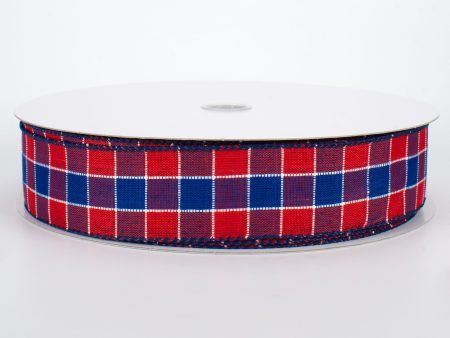 1.5  Stitched Check Ribbon: Red & Blue (50 Yards) Fashion