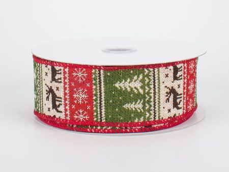 1.5  Christmas Sweater Canvas Ribbon: Moss & Red (10 Yards) For Discount