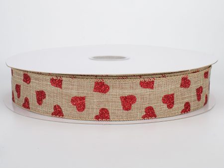 1.5  Glitter Hearts Ribbon: Red On Natural (50 Yards) Online