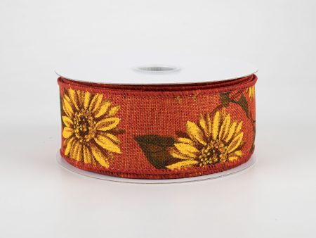 1.5  Linen Sunflower Ribbon: Rust (10 Yards) For Sale