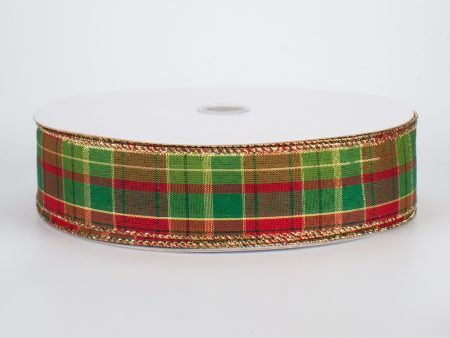 1.5  Red & Green Plaid with Foil Ribbon (50 Yards) For Sale