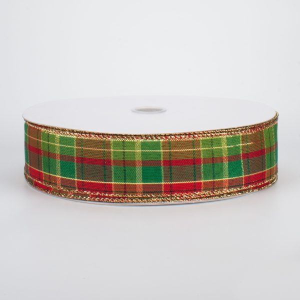 1.5  Red & Green Plaid with Foil Ribbon (50 Yards) For Sale