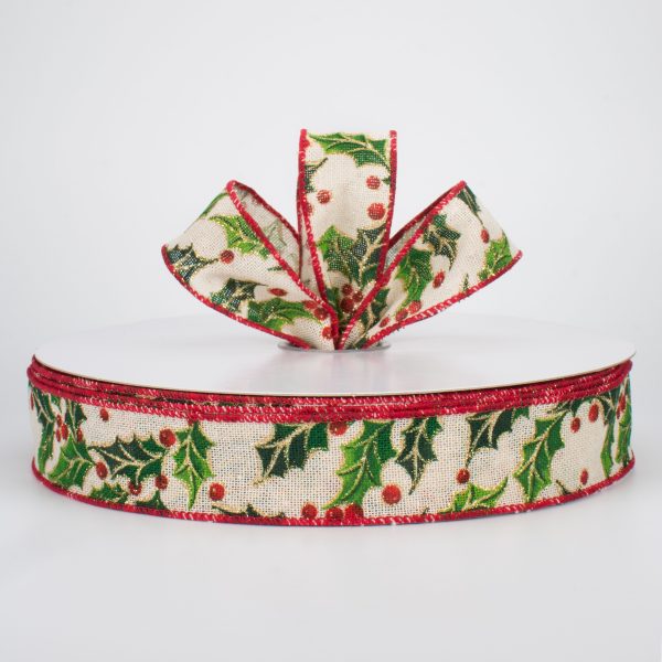 1.5  Glittered Holly on Canvas Ribbon (50 Yards) Online now