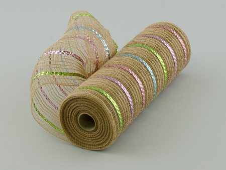 10  Burlap Deco Mesh: Natural With Metallic Pastel Stripes (10 Yards) on Sale