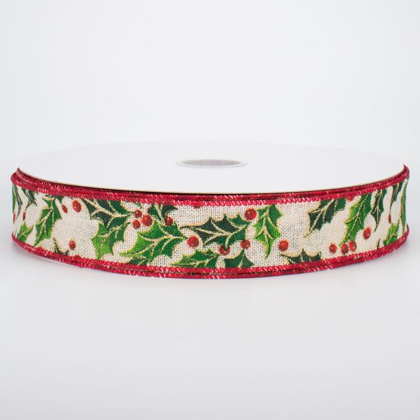 1.5  Glittered Holly on Canvas Ribbon (50 Yards) Online now