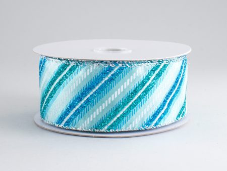 1.5  Glitter Diagonal Stripe Ribbon: Aqua, Blue, White (10 Yards) For Discount