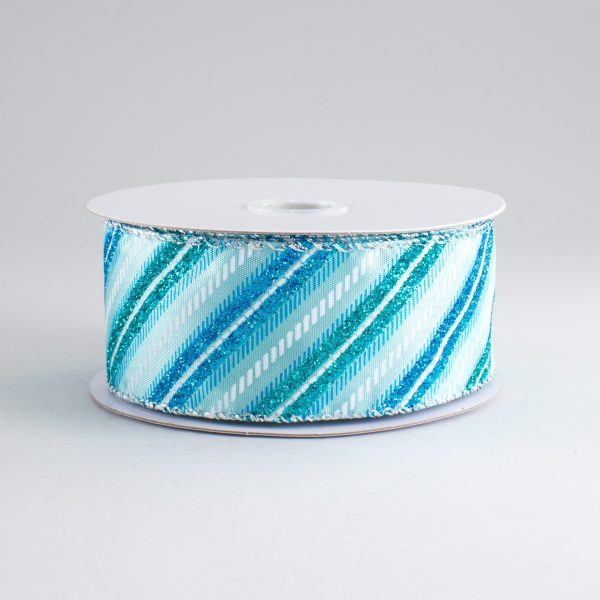 1.5  Glitter Diagonal Stripe Ribbon: Aqua, Blue, White (10 Yards) For Discount