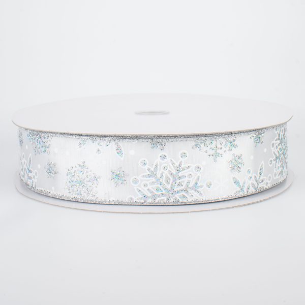 1.5  Glittered Snowflakes Ribbon: White & Silver (50 Yards) on Sale