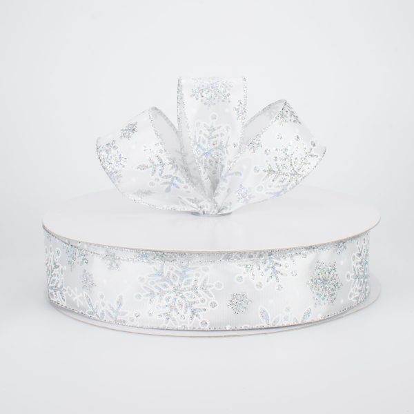 1.5  Glittered Snowflakes Ribbon: White & Silver (50 Yards) on Sale